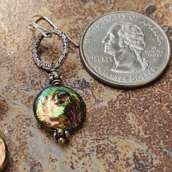 Freshwater Pearl Irrid. Coin Beads Ant. Sterling Etched Earrings - Picture 5 of 7